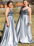 A Line V Neck Sequins Dusty Blue Satin Long Prom Dress LBQ4269